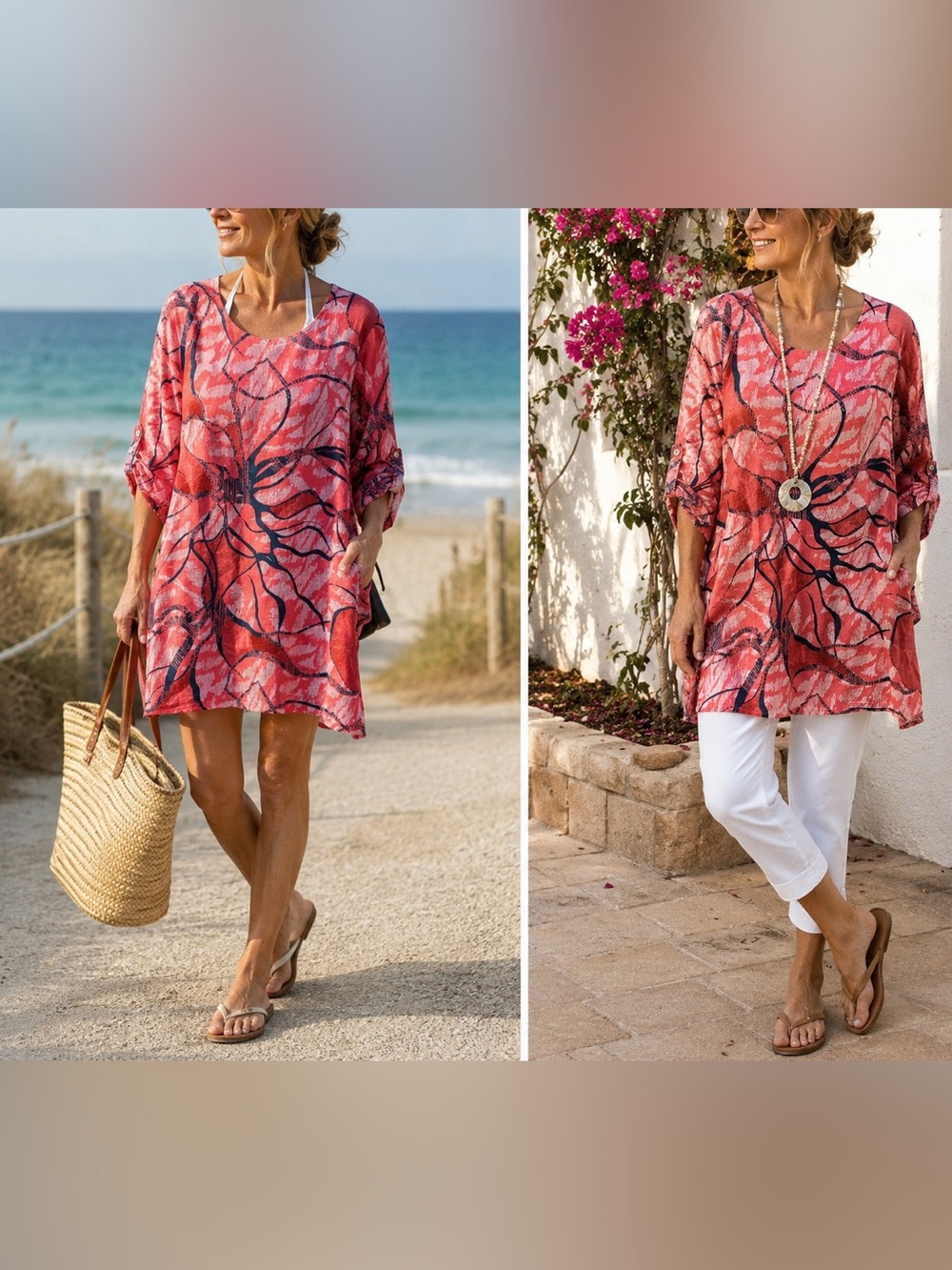 Made in Italy 100% Cotton Gauze Floral Tunic Top XL Boho Lagenlook Pockets